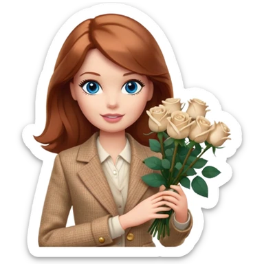A Barbie girl with blue eyes, shoulder-length reddish-brown hair, made-up, wearing a beige tweed jacket and a beige skirt, with a bouquet of 9 white roses sticker