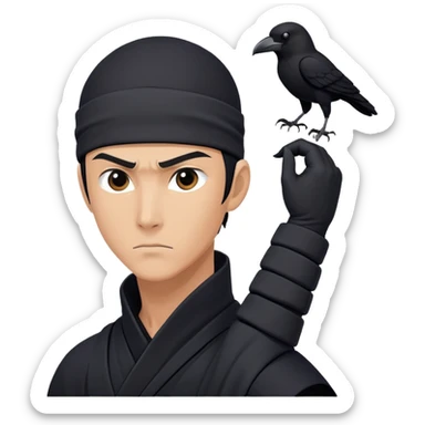 clash-of-clans-aesthetic_-cinematic-mysterious-male-ninja-portrait-emoji, rendered in a flat, vector-style with minimal shading and bold, simplified shapes, his arm is stretched out  with a head slightly turned revealing intense, focused eyes. the ninja has his arm out and perched on top of his forearm is  a  giant black crow sticker