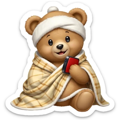 a Christmas teddy happy bear wrapped in a blanket talks on phone sticker