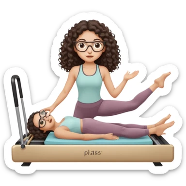 Memoji-style girl with long dark brown curly hair, round glasses, large brown eyes, soft rounded face,makeup, warm beige skin tone, wearing Pilates activewear performing Pilates and reformer Pilates exercises on a reformer machine, pastel color palette, smooth soft shading,latino sticker