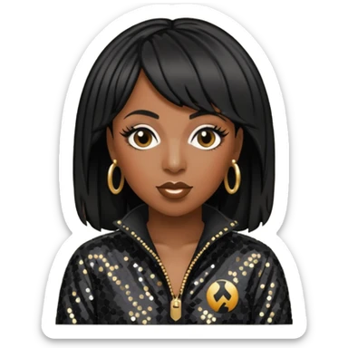Missy Elliott with black hair, black sequin jumpsuit sticker