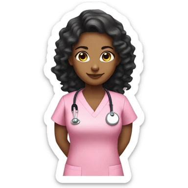 Light brown girl with long curly black hair wearing pink scrubs nurse sticker