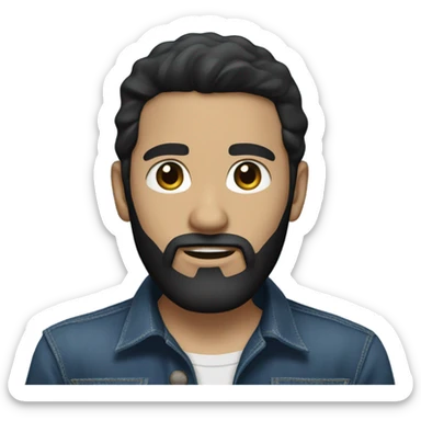 person with a black beard. No moustache. White skin tone. Nice black hair. Denim dark blue shirt sticker