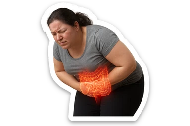 DONNA LEGGERMENTE SOVRAPPESO PIEGATA IN AVANTI FRONTALMENTE CON INTESTINO ANATOMICO IN EVIDENZA, MAL DI PANCIA iperrealistico 4k sticker