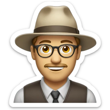 White man with hat, clear glasses and patchy beard sticker