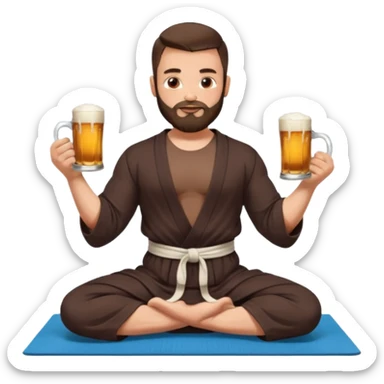 slavic muscled guy with dark brown hair and beard, sitting in yoga pose on a mat, dark colors robe, long and volume dark hair, holding beer mugs in two hands, sitting sticker