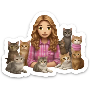 Woman with long light brown hair and a pink streak wearing a flannel shirt knitting and surrounded by cats sticker
