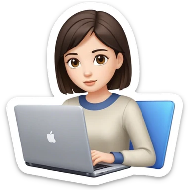 a brunette girl with a square hairstyle, with a laptop sticker