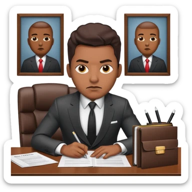 Hip hop music record company executive in office sitting at desk with contract on top of desk sticker