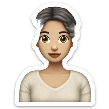 Female with long black hair and curtain bangs, medium white skin colour, stripped tshirt, crocheting a jumper sticker