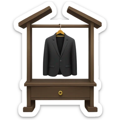 Design an emoji-style icon of an open wardrobe with clothes hanging inside. Include details like a wooden frame, hangers, and black clothing items such as shirts or any other clothing . Use a clean and minimalistic design. sticker