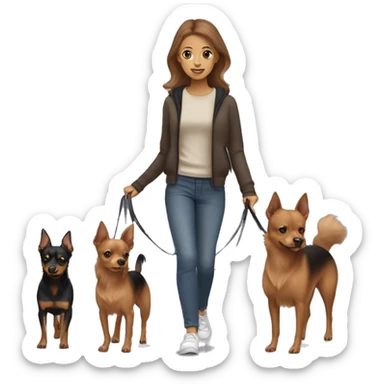 A light brown haired girl, walking one mini black and tan miniature Pinscher and one bigger, fluffy & light brown Spitz on the lead sticker