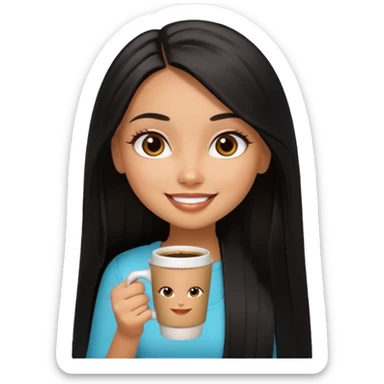 a pretty tan bratz girl with black long straight hair smiling and drinking coffee sticker