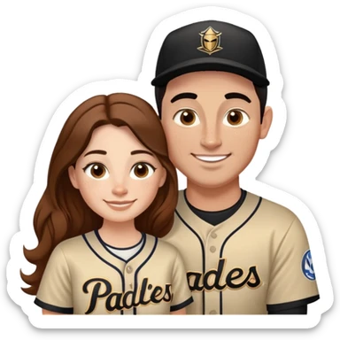 *White* couple smiling. Woman has big cheeks and a lot of freckles on the nose. long brown hair. Man has black and very short hair and prominent eyebrows with egipcian nose. Both are wearing “Los Padres” baseball new 2025 jearsey sticker