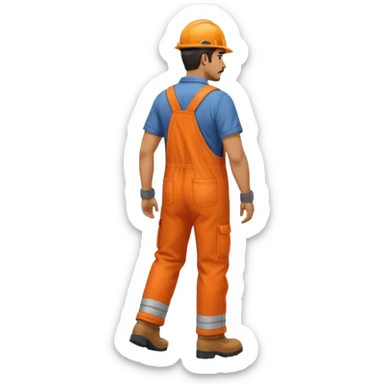 Indian male railway engineer orange overalls, boots walking back view sticker