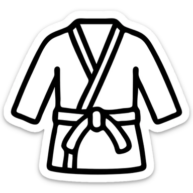outline-only icon of a jiu-jitsu gi (kimono), white or transparent outline, black belt with detailed knot and trailing ends, slightly rounded and humanized form, clean and modern, no fills or shadows, centered with arms relaxed outward, belt symmetrical, fun but respectful, evokes discipline and progress sticker