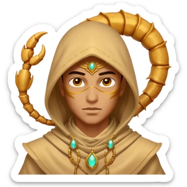 desert sand mage portrait, head and shoulders only, scorpion-themed hood, golden desert jewelry, swirling sand aura, glowing eyes, fantasy vibe, 3D cartoon, mobile game icon style, clean background, no text, no watermark
 sticker
