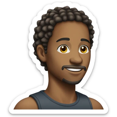 A young African-American male with short, thick dreadlocks, a friendly, confident smile, and a trimmed goatee. He has a slim but toned build, sharp facial features, and wears a cap. sticker