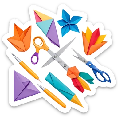 Paper crafting icon, various paper crafts like origami, paper flowers, and scrapbooking materials, visible tools such as scissors, glue stick, and paper sheets, colorful paper patterns, minimalistic style, clean lines, transparent background. sticker