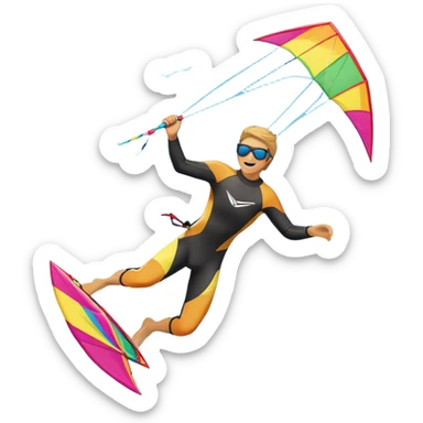 A kite surfer gliding across the water with a colorful kite soaring in the wind. The scene captures the excitement and fluid movement of the sport, with waves splashing around and a clear sky, emphasizing freedom and adventure. sticker