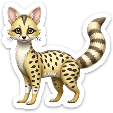  elegant dotted spotted clouded hyper-realistic lifelike furry Civet-Genet-Possum-Serval-Caracal-Sergal-Trico-Numbat-Furret-fusion-Fakemon-hybrid-creature (full body) with long tufted ears and a striped tufted tail  sticker