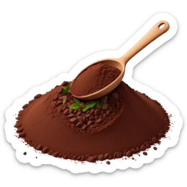 heap of cocoa powder, deep brown, finely ground, velvety, natural edges, tiny wooden spoon partially dipped, clean, 3D, soft shadows, subtle lighting, realistic but stylized, no packaging, no text, no extra elements, transparent background, emoji scale sticker