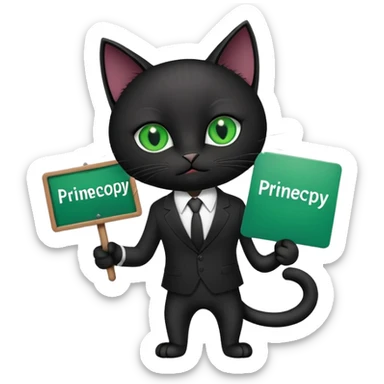 A black cat in a black business suit holds a sign that says "PrimeCopy" sticker