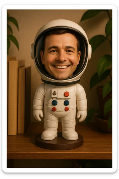 a smiling astronaut bobblehead with a large helmet sticker