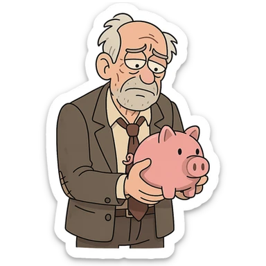 ex billionaire, wearing old suit, holding a piggy bank, cartoon style sticker