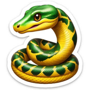 Cinematic Cute Anaconda Portrait Emoji, Head tilted playfully and inquisitively, with a sleek, shimmering body adorned with detailed scale patterns and round, sparkling eyes full of wonder, Simplified yet irresistibly adorable features, highly detailed, glowing with a warm, friendly jungle glow, high shine, affectionate and lively, stylized with a touch of whimsical reptilian charm, soft glowing outline, capturing the essence of a mischievous serpent that feels like it could slither out of the screen into your arms! sticker