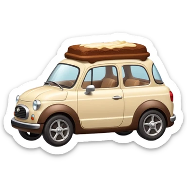 side profile of a tiny tiramisu car, ladyfinger wheels, creamy mascarpone body, cocoa powder details sticker