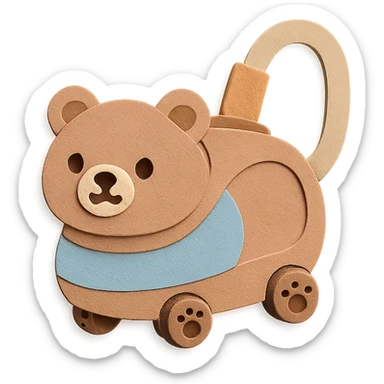 cute bear-shaped vacuum cleaner with tiny paw wheels, rolling, soft brown pastel, full-body sticker