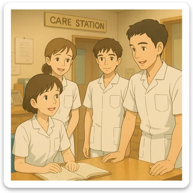 Group of four students (faces inspired by references), interacting in a care station, Ghibli style, white short-sleeve outfits with V-neck, left chest pocket, no collar stand, no stethoscopes, no undershirts, soft and professional atmosphere. sticker
