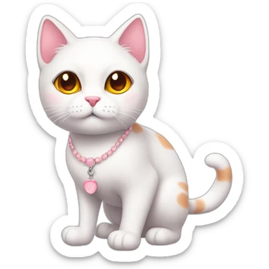 full body white orange cat cute with a small black eyes and a paw pink necklace sticker