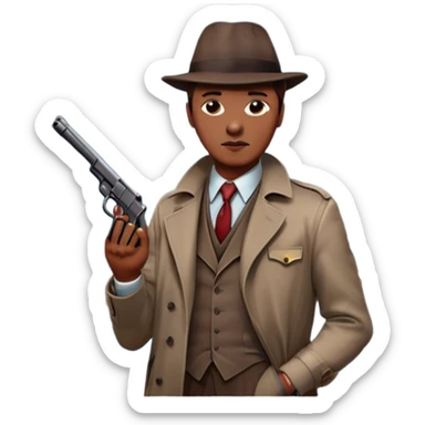 Icon for Detective Movie: A vintage movie poster-style design with a close-up of a detective holding a gun on a dark London street. The scene features a full moon, bloodstains on the pavement, and a mysterious atmosphere, evoking a classic noir detective thriller. Transparent background. sticker