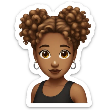light brown girl with brown eyes, curly hair in a messy bun and two strand curly bangs wearing black tank top, freckles and beauty marks and long eyelashes, full lips sticker