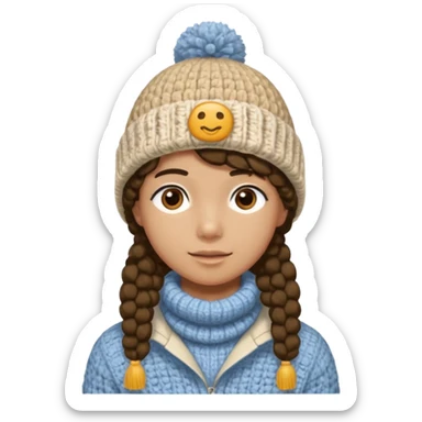 high school student wearing a crochetted winter hat. the hat should be an oatmeal color and texture with no pompom. make one a boy and one a girl sticker