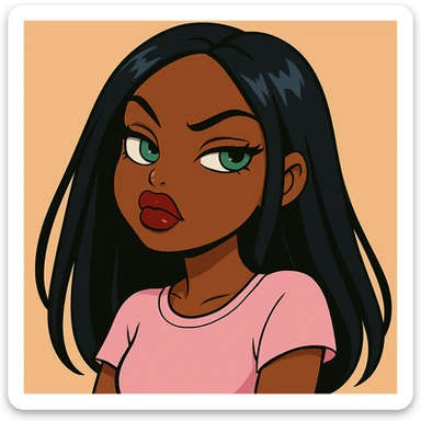 Change her outfit to a more casual style, headshot only, 20-year-old anime Bratz style woman with dark skin, straight hair, big expressive eyes, glossy lips, no hat, no tears, confident and aloof expression, snooty attitude, nose turned up. Maintain the anime Bratz style and the described facial features and expression. sticker