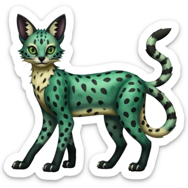 Epic complex detailed dark dusky gloomy deep gothic dark-deep-green, black, realistic Fakémon-Sprigatito-Floragato-Meowscarada-Trico-Sergal-Serval-Vernid-creature (full body) sticker