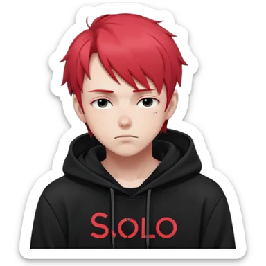 "Sleepy-faced anime man with short neon red hair, wearing a black hoodie with 'SOLO' written on it, dark moody monochrome tone" sticker