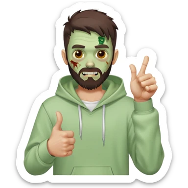 zombie with thumbs up gesture, undercut hairstyle with dark brown hair, short full beard, wearing plain white hoodie sticker