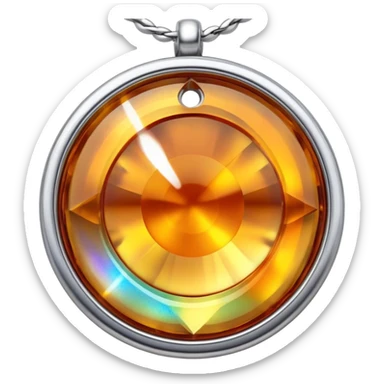 extreme close up of a round cut holographic amber charm with silver metal accent and rope chain sticker