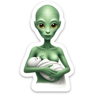  Reptilian alien woman , full body,  holds a newborn white humman baby sticker