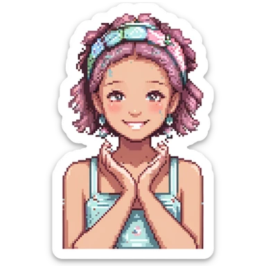 preppy girl applying skincare, pastel colors, headband, cheerful expression sticker