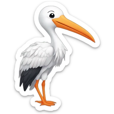  white stork with a long beak. The stork is carrying a bundle of cloth in its beak that has a cute baby human and his face peeking out from it sticker