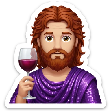 Liber, God of Wine from Roman Deities with long reddish brown wavy hair and beard, purple sequin toga  sticker