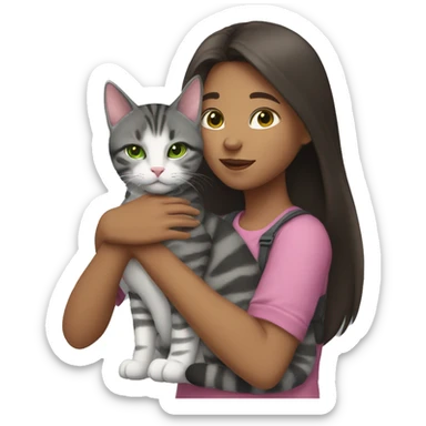 A girl with dark brown hair hugs a gray tabby cat with a pink nose and green eyes. The girl's face is not visible sticker