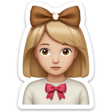 Pelo color marron claro acercándose a el rubio,suéter blanco con un moño marron, piel normal clara,y un mini moñito en la cabeza marron sticker