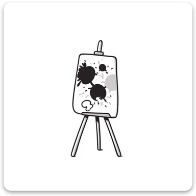 A wooden artist easel/painter's easel with a canvas in pastel colors (dd9fb0, ffc6d3, a3bfc9, c4bee2, f1b091), hand-drawn doodle style sticker