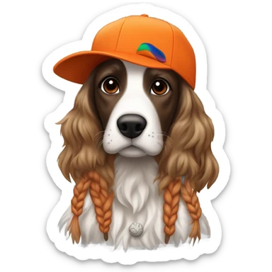 Brunette white girl with braided pigtails in a bright orange baseball hat with a phesant on it with a tricolor English setter with a half black face sticker